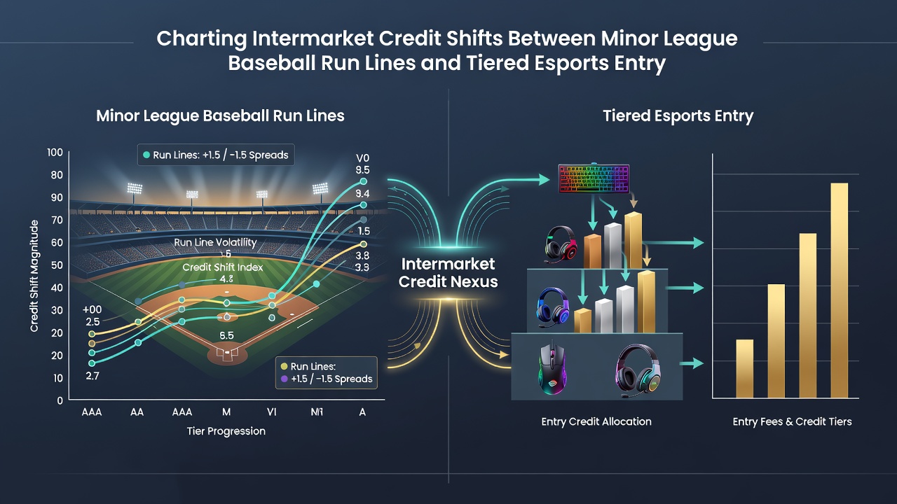 Split view showing esports player interface next to baseball betting terminal with shifting credit balance indicators