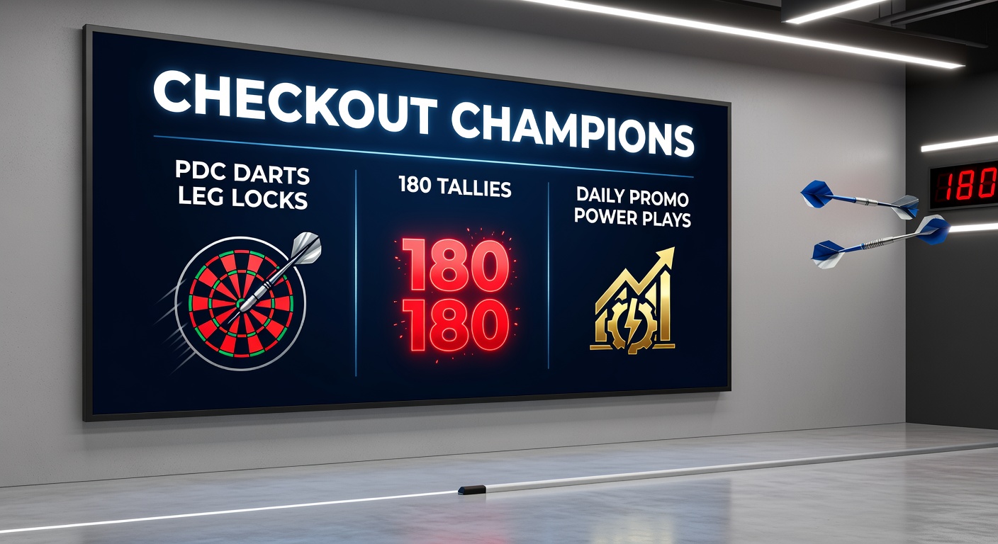 Dynamic shot of a darts player celebrating a 180, with scoreboard showing leg progression and promo overlay concepts