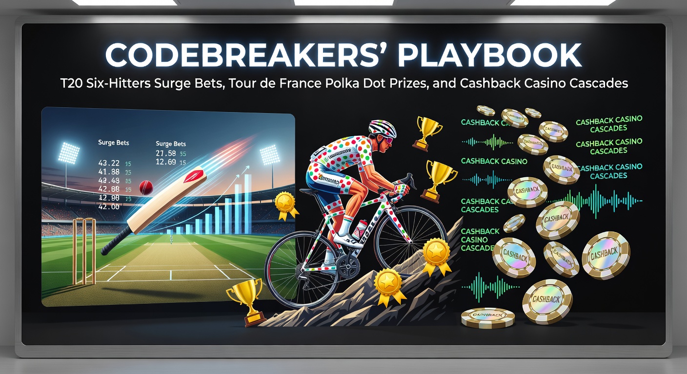 Dynamic action shot of a T20 cricketer smashing a six over the boundary, with cycling mountains and casino slots in the blurred background, capturing the thrill of surge bets and prize chases