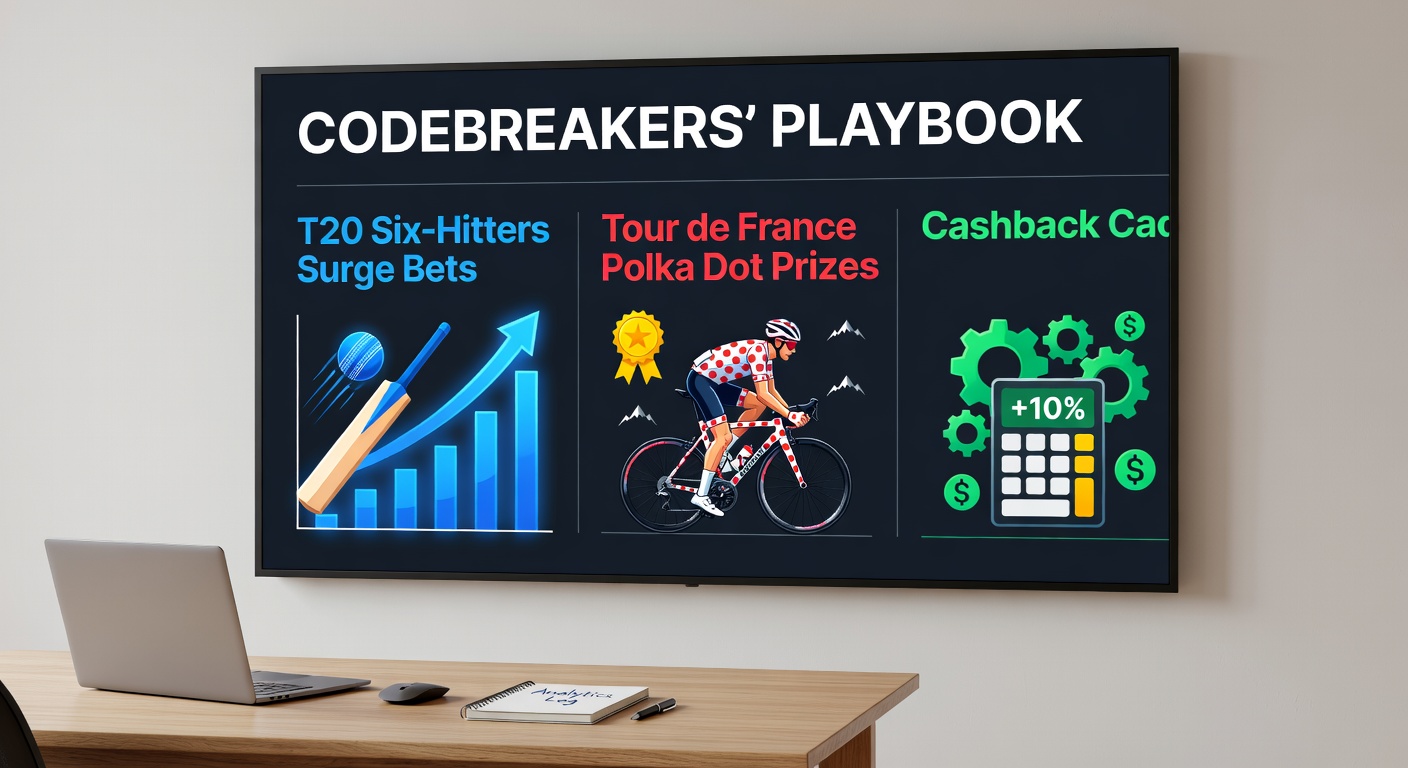 Vibrant Tour de France cyclist ascending a steep mountain pass dotted with polka patterns, overlaid with T20 six explosions and cascading casino wins, symbolizing layered betting strategies