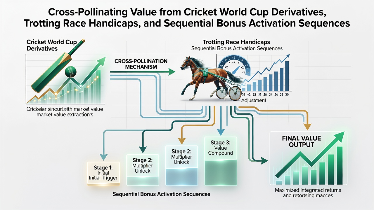Diagram showing interconnected betting markets across cricket derivatives, trotting handicaps, and bonus sequences