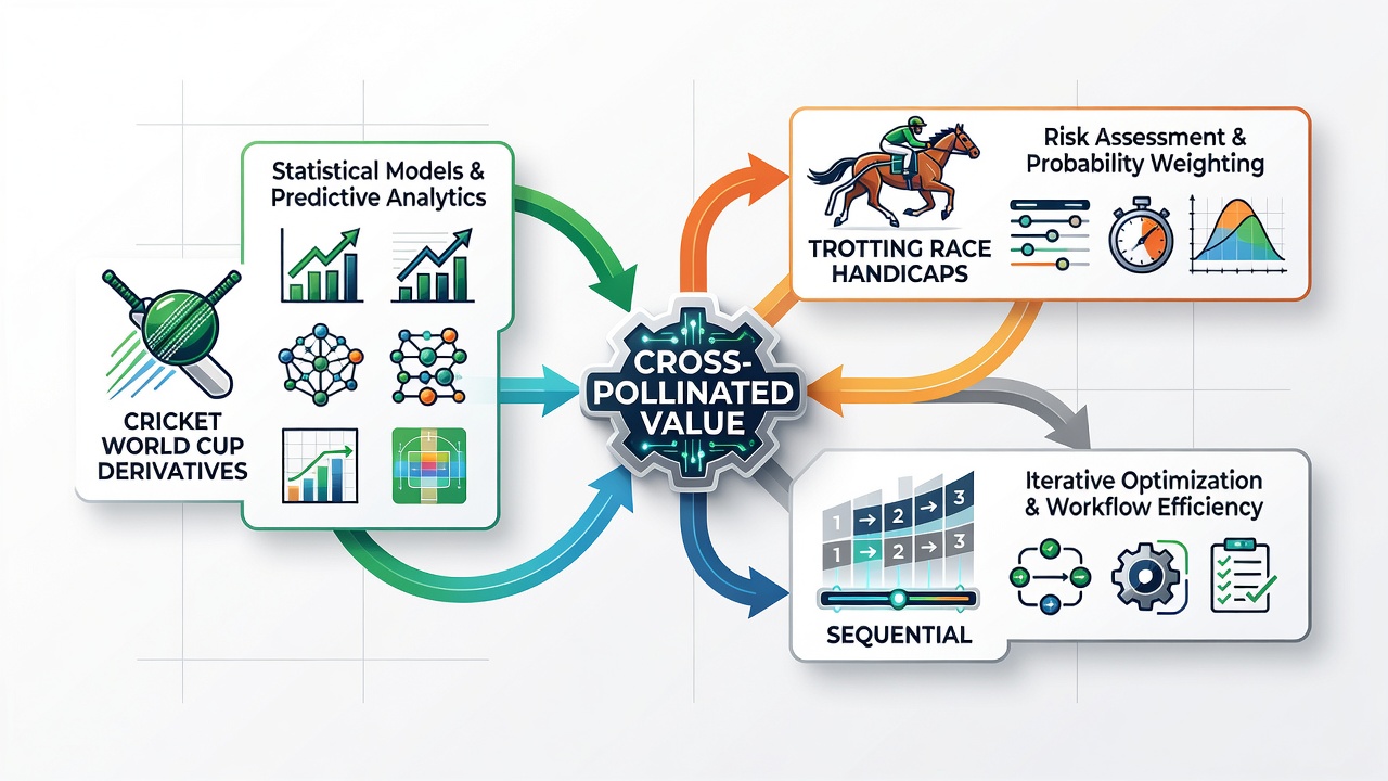 Flowchart illustrating stake movement between trotting races, cricket derivatives, and layered bonus tiers