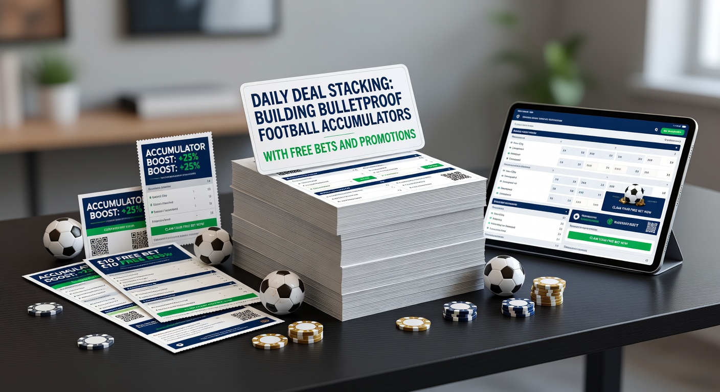 A vibrant graphic showing stacked football betting slips with promotional icons and free bet tokens, illustrating accumulator strategies