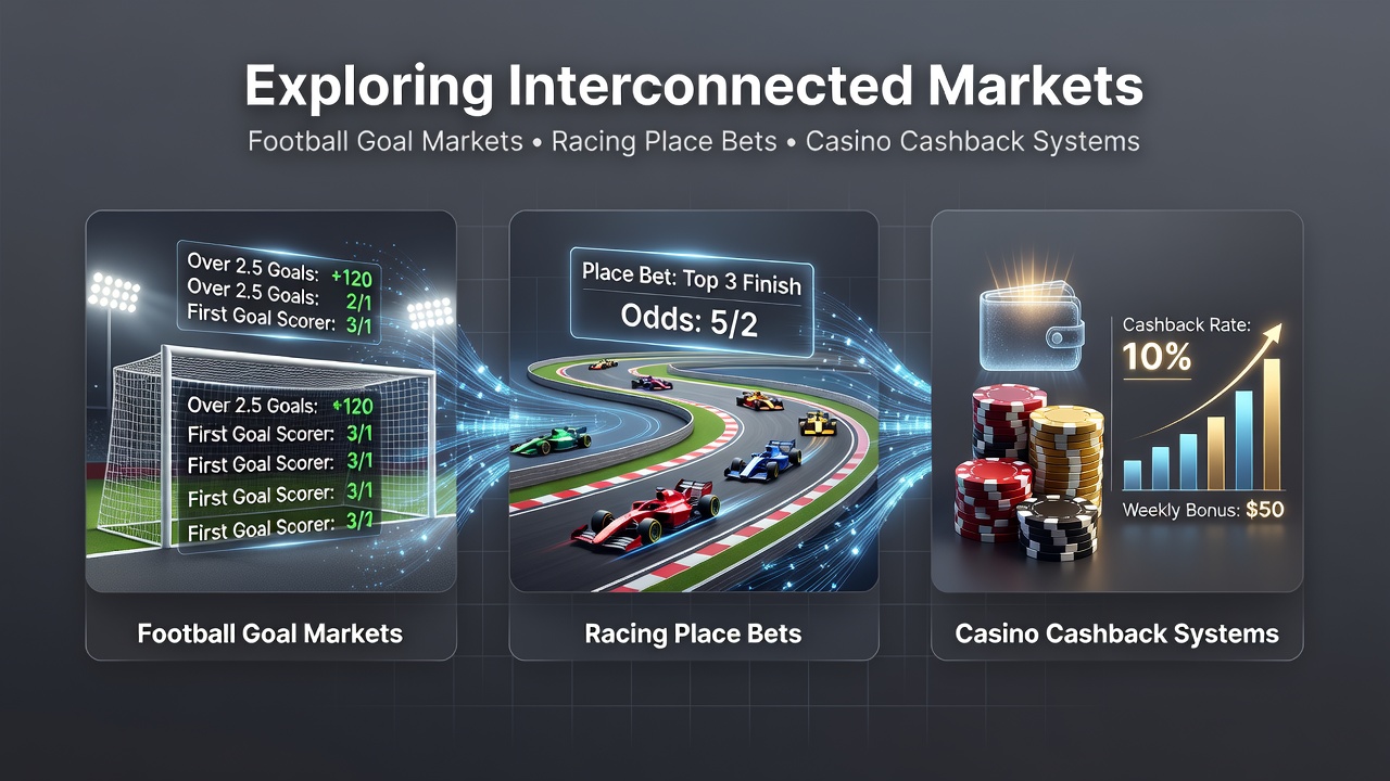 Illustration showing interconnected betting markets with football goals, horse racing places, and casino cashback icons linked together
