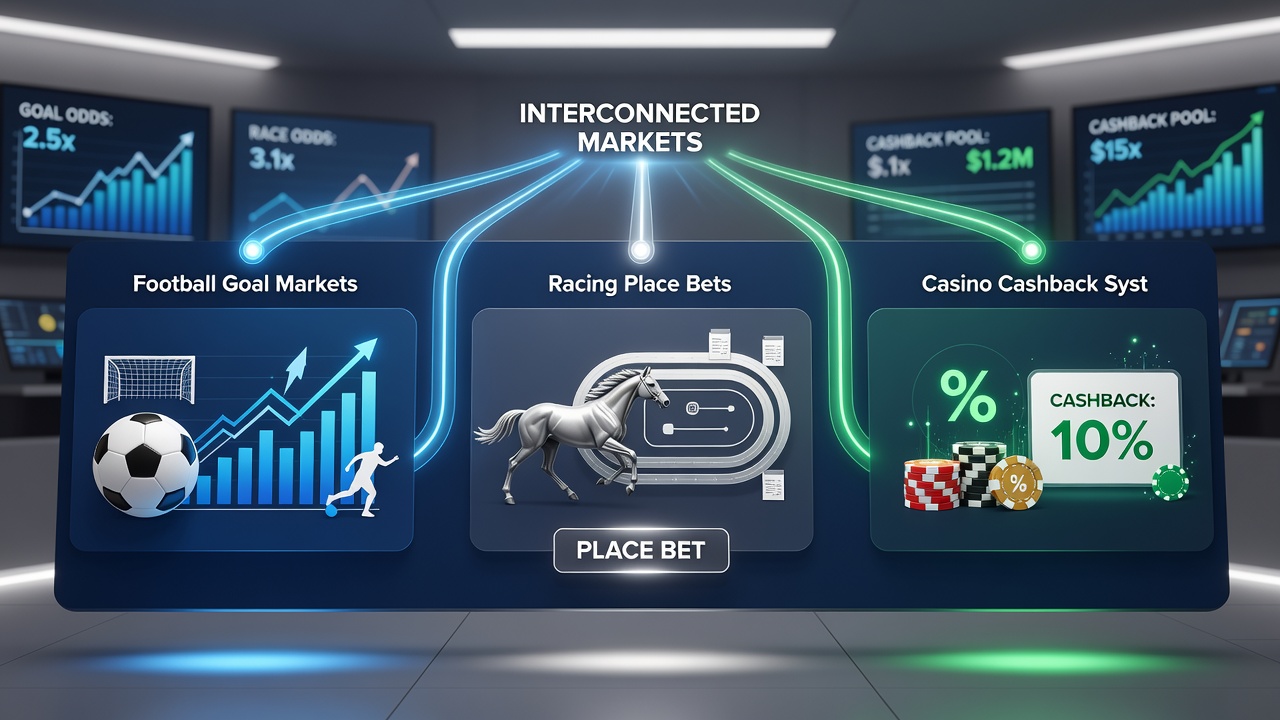 Chart displaying overlapping timelines of football goal market spikes, racing place bet volumes, and casino cashback redemption peaks