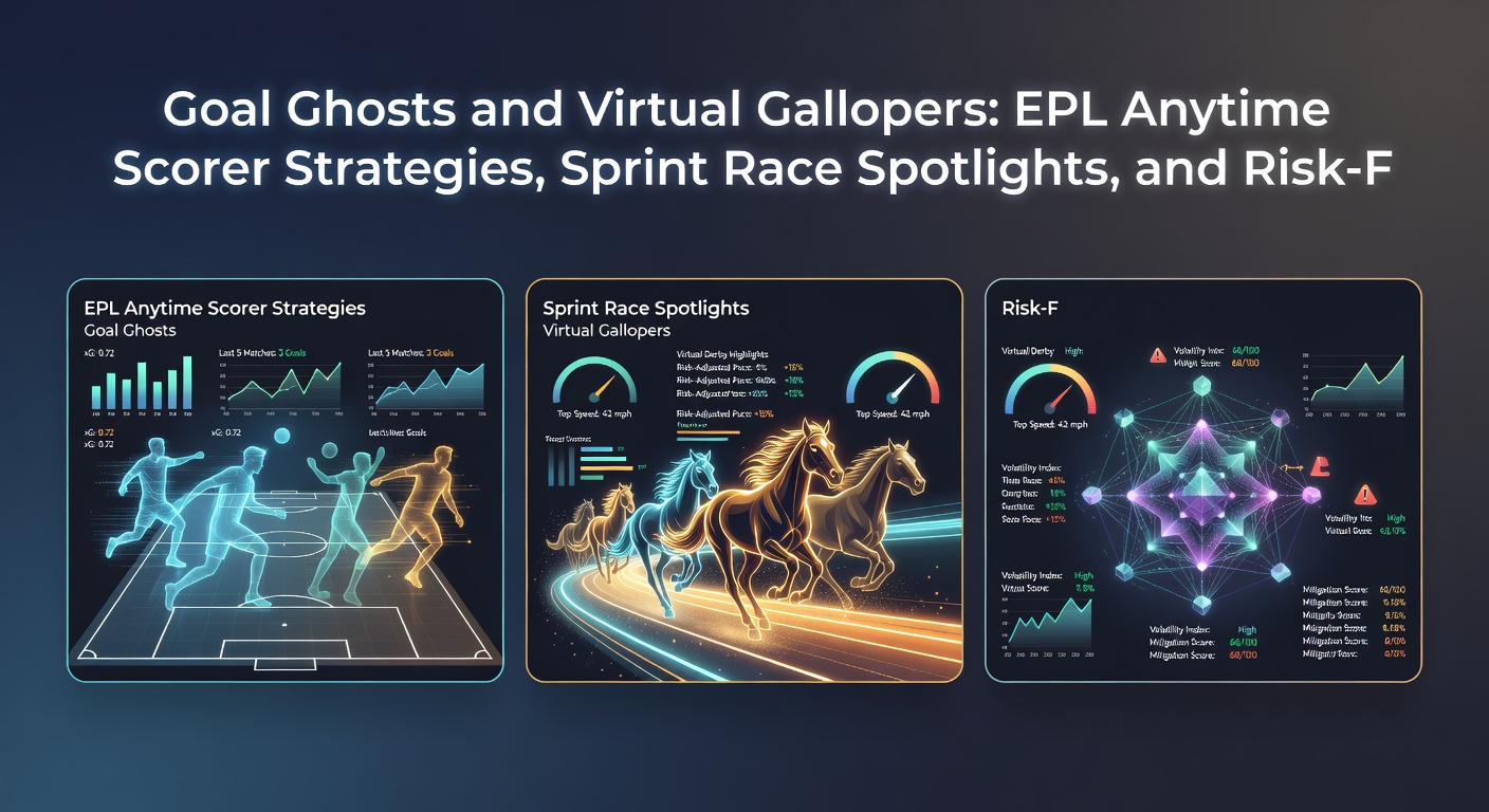 Close-up of virtual gallopers thundering down a sprint track with EPL stadium in blurred background