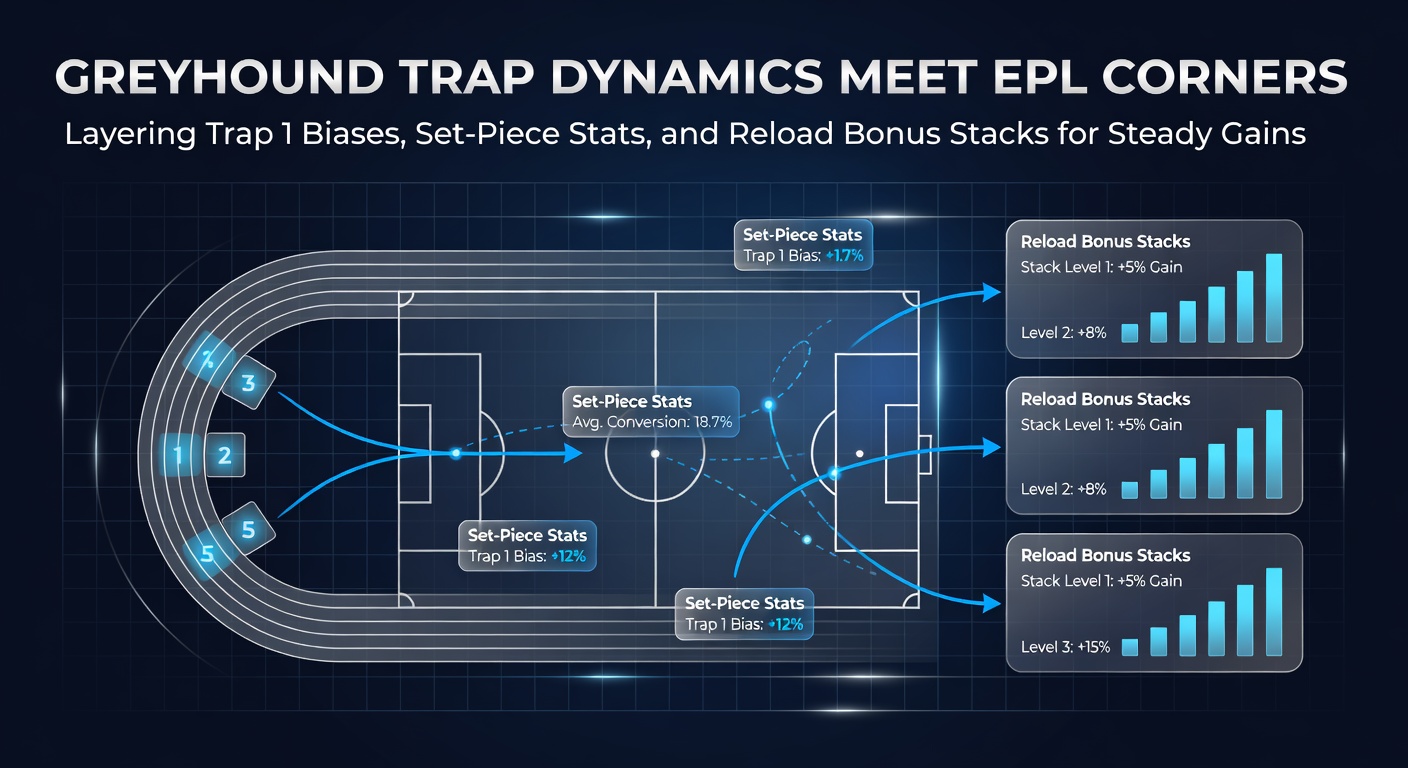Greyhound racing traps at a bend with an EPL corner kick overlay, illustrating betting layer dynamics