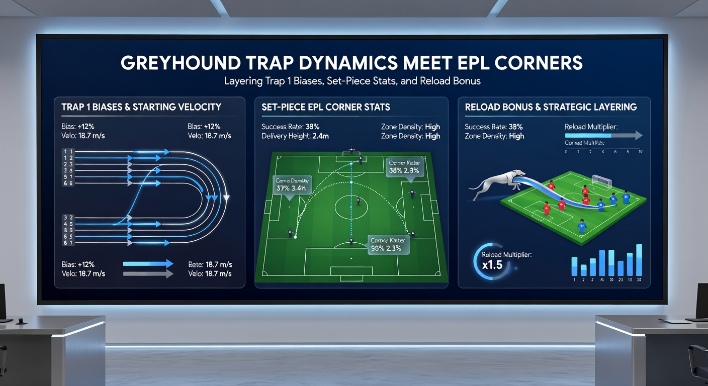 EPL players taking a corner kick beside greyhound traps stats chart, showing layered betting stacks