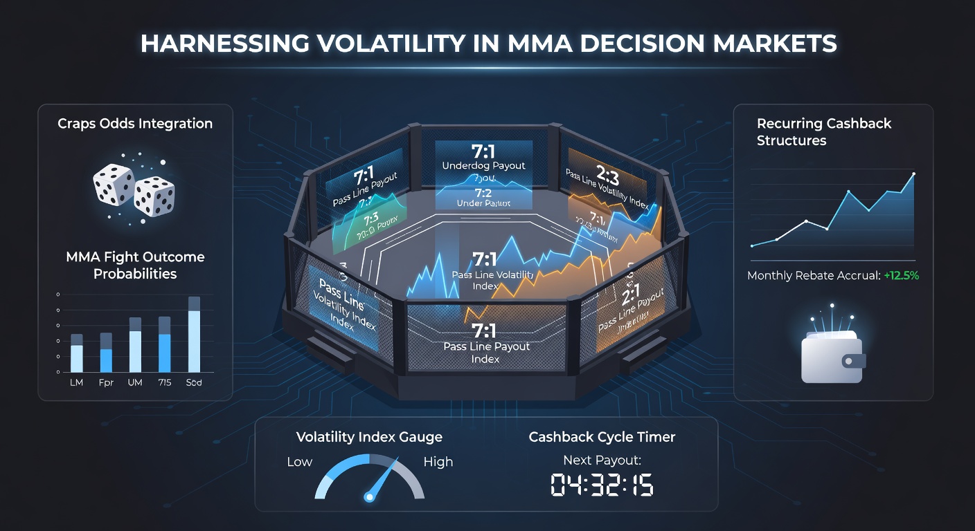 Craps table with dice mid-roll next to digital MMA betting interface showing decision odds