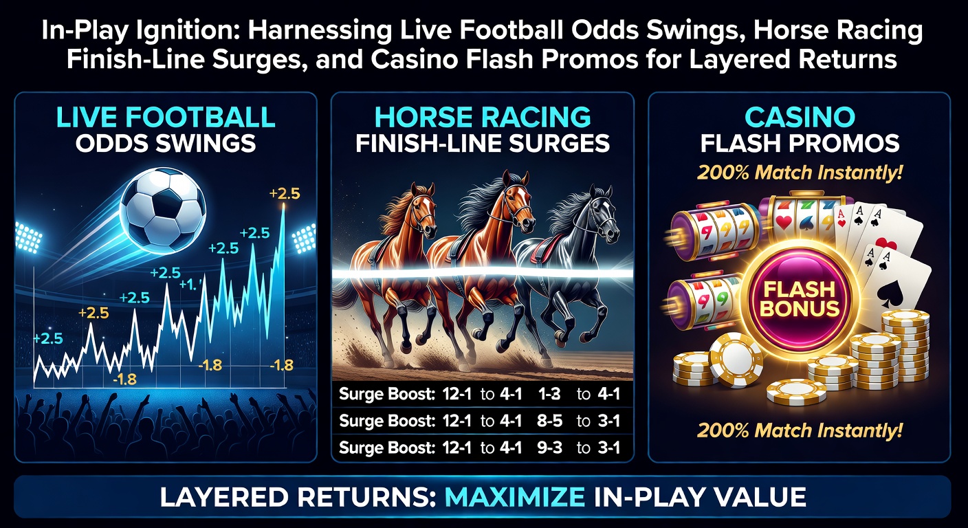 Dynamic in-play betting scenes showing football action, horse racing surges, and casino promo flashes on screens