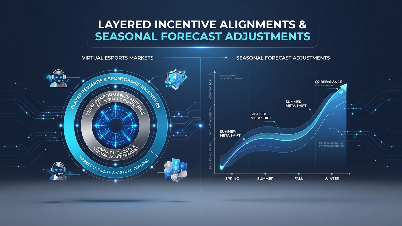 Seasonal forecast adjustment process in virtual esports with data layers and timeline visuals