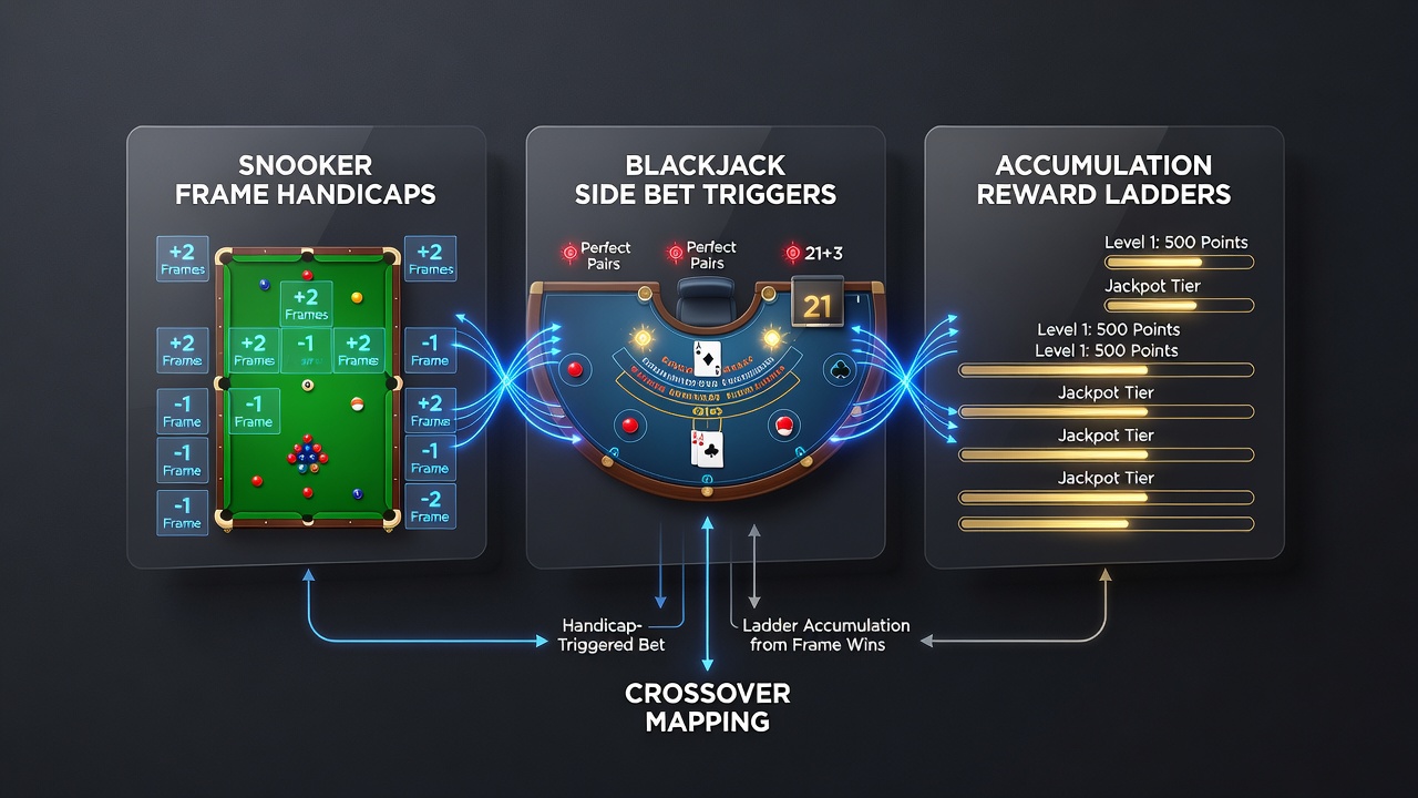 Diagram showing statistical overlaps between snooker handicaps, blackjack side bets, and reward accumulation systems