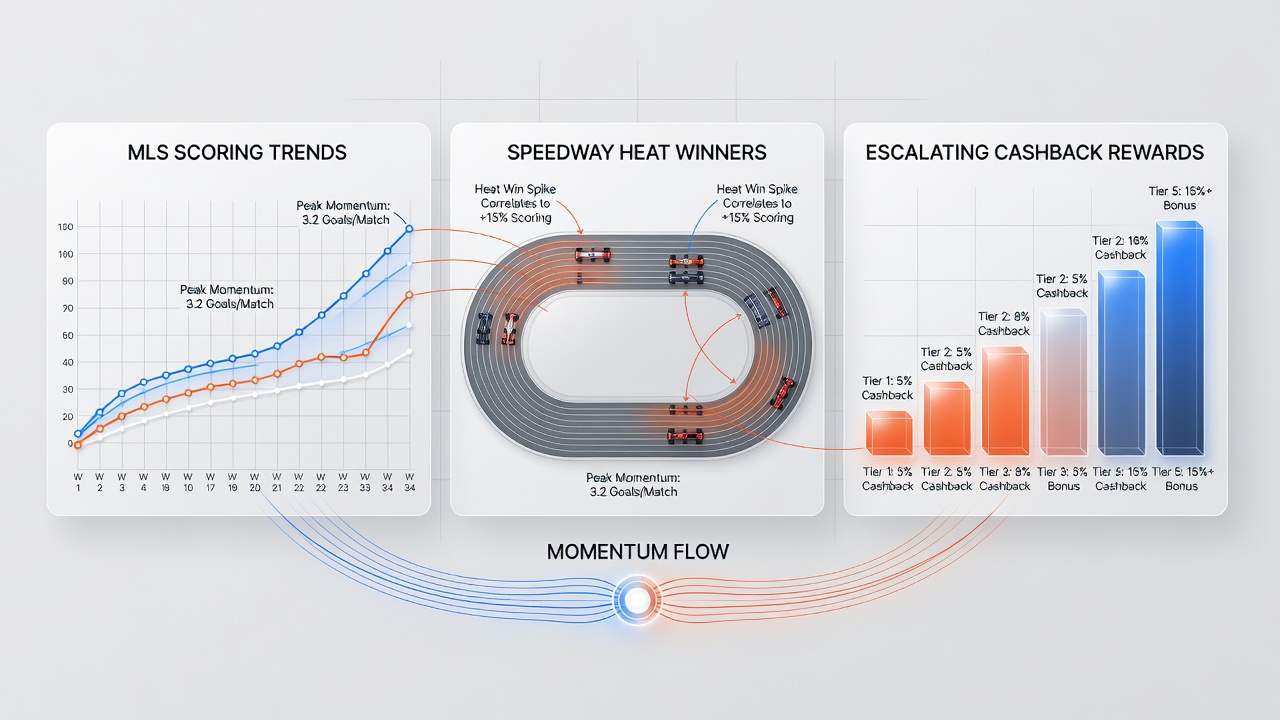 Infographic showing layered data flows between soccer trends, speedway results, and cashback tier progressions