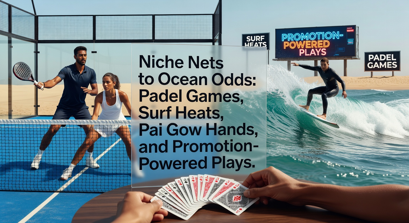 Padel players in action on a court with glass walls during a high-stakes match, waves crashing nearby for surf context, and casino cards laid out for Pai Gow