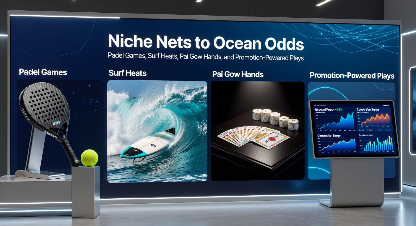 Surf pros riding massive waves in a heat, padel net close-up, Pai Gow tiles arranged strategically, with promotional banners overlaying betting slips