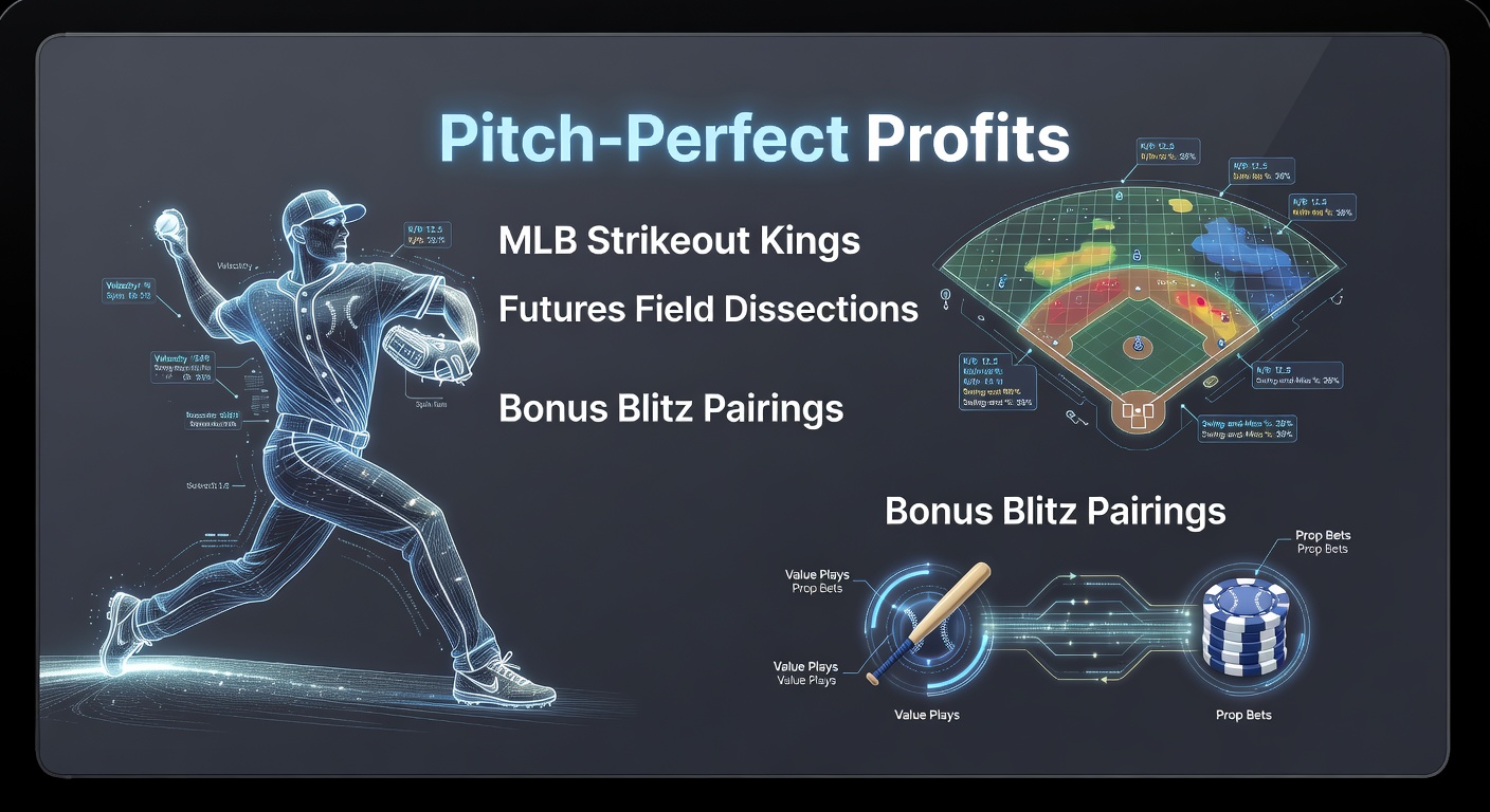 A dynamic shot of an MLB pitcher winding up for a strikeout, with the batter frozen mid-swing against a packed stadium backdrop