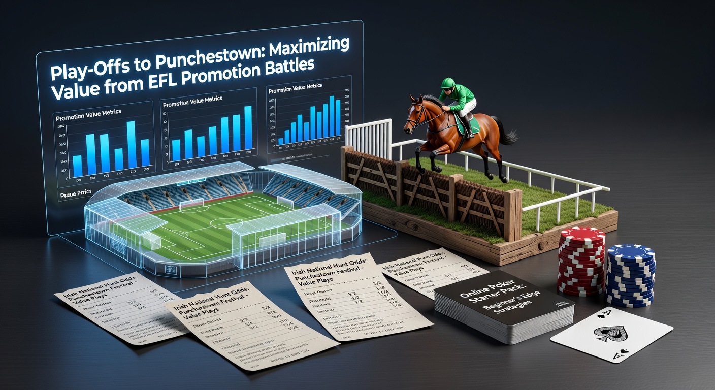 EFL playoff stadium packed with fans under floodlights, transitioning to Punchestown racecourse jumps and poker chips in a starter pack promo