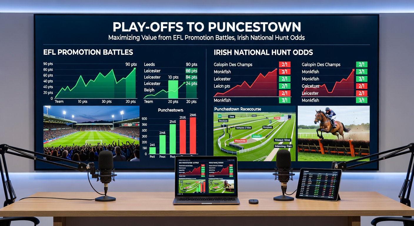 Punchestown Festival jumps action with horses mid-air, EFL playoff trophy nearby, and online poker starter pack interface showing free tournament entries