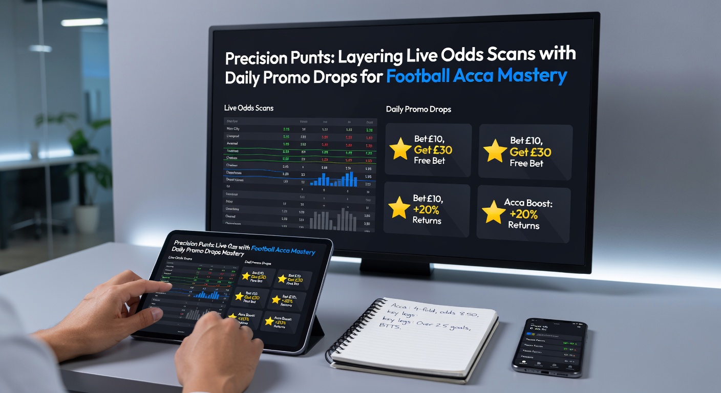 Screenshot of a layered betting interface showing live odds comparison chart next to active daily promo notifications for a four-leg football accumulator
