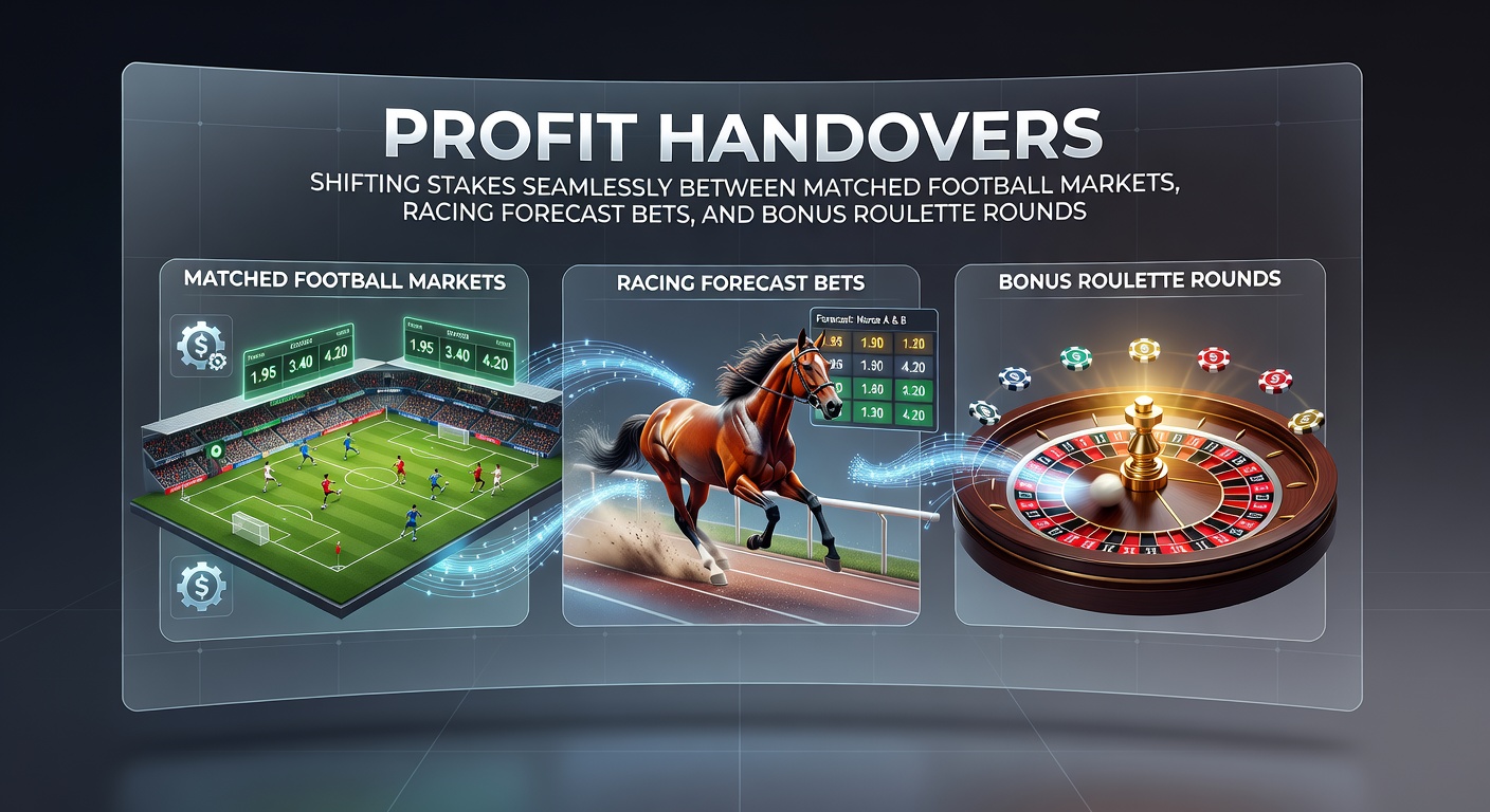 Visual representation of stakes flowing between football pitches, race tracks, and spinning roulette wheels in a seamless profit handover strategy