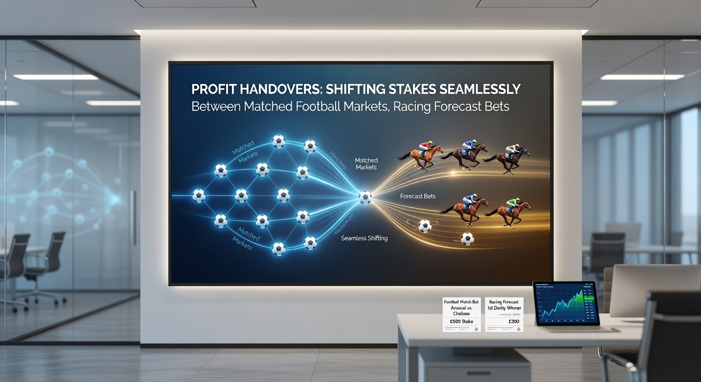 Dynamic graphic illustrating a stake handover from a football scoreboard to a horse racing finish line, transitioning toward roulette bonus activations