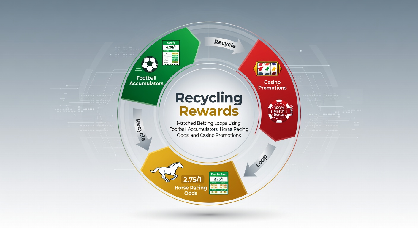 Visual breakdown of a matched betting loop cycle incorporating football accumulators, horse racing slips, and casino bonus spins