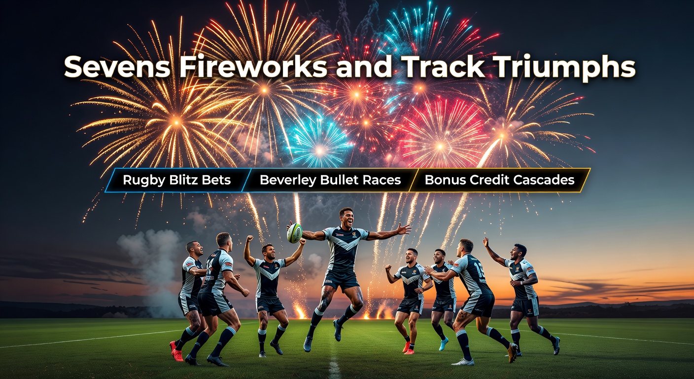 Dynamic action shot of Rugby Sevens players scoring a try amid explosive celebrations, with a horse racing sprint in the blurred background highlighting track speed