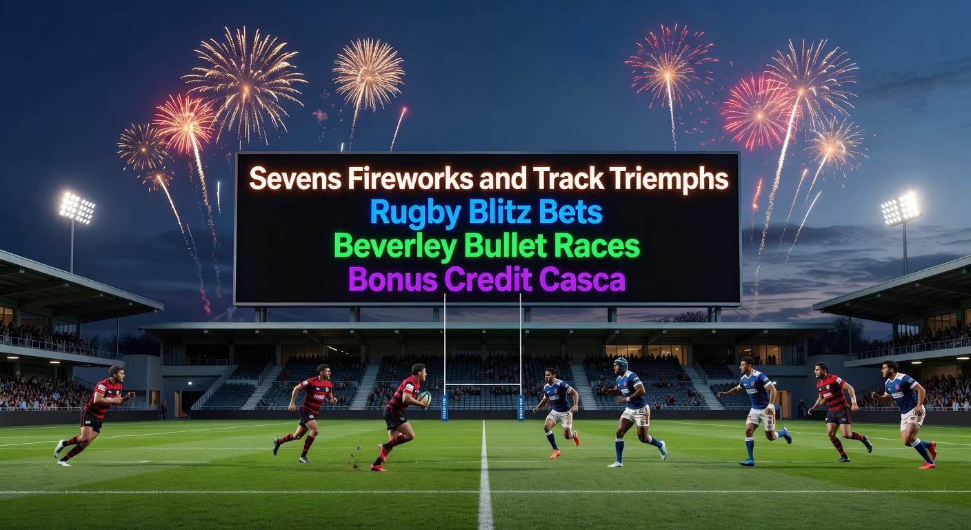 Close-up of a horse thundering down Beverley track in the Bullet race, overlaid with cascading slot reels and rugby sevens try celebrations symbolizing betting synergy