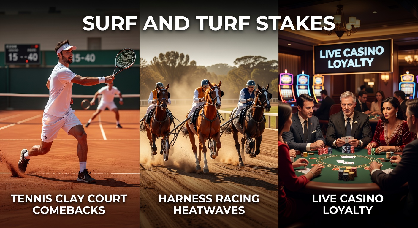 Harness racing sulky speeding through a heatwave stretch at night, paired with tennis clay slide and casino loyalty progression icons