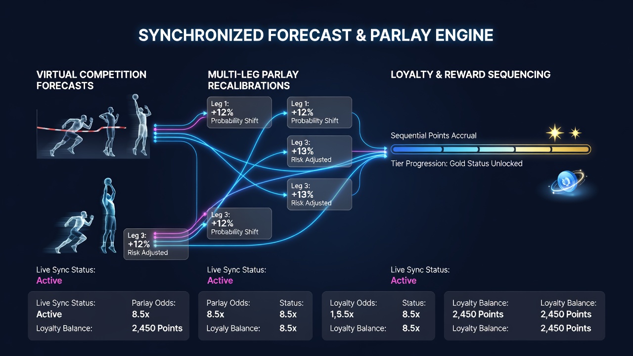 Flowchart illustrating data pathways between virtual forecast engines, parlay recalibration modules, and loyalty milestone trackers