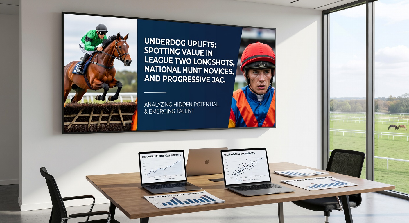 A National Hunt novice horse leaping a fence mid-race, with jockey urging it on amid a field of competitors, capturing the high-stakes drama of underdog potential
