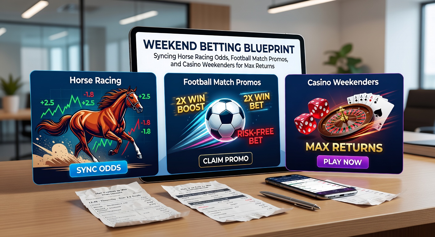 Vibrant weekend betting scene featuring horse racing tracks, football stadiums, and casino lights blending into a strategic blueprint overlay